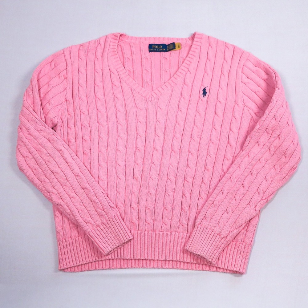 Polo Ralph Lauren V-Neck Cable Knit Sweater Women XL Pink Navy Pony Cotton Logo